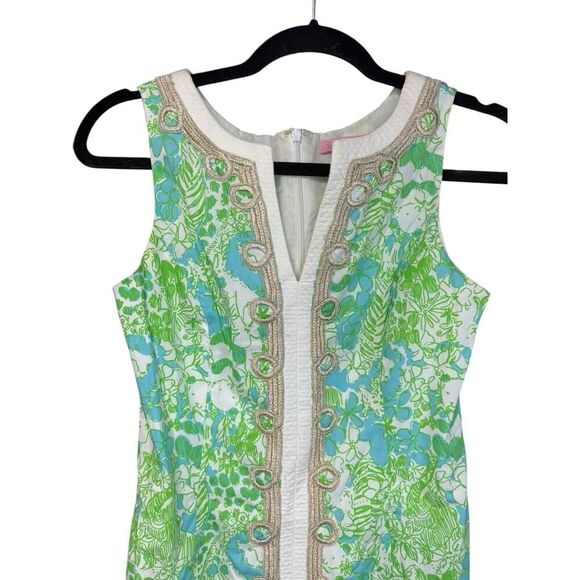 Lilly Pulitzer - Green White Jungle Print "Janice" Shift Dress Embroidery sz 00 - Picture 5 of 15